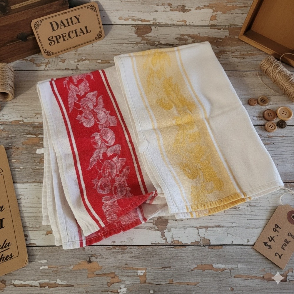 Vintage Kitchen‎ Towels Set of 2 Red Yellow Fruit Stripe Farmhouse Decor